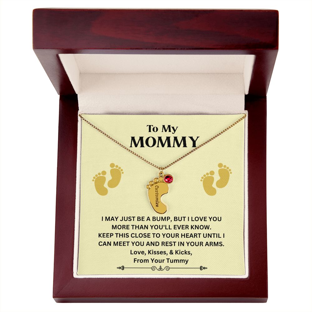 Custom Name Necklace - Engraved Baby Feet w/ Birthstone - Beloved Gifts
