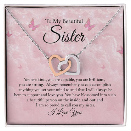 To My Sister - Butterfly You Are Kind  -  Interlocking Hearts Necklace