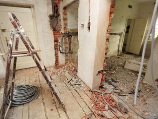 Inside a construction site with debris