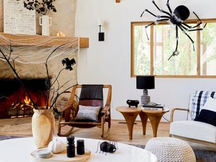 fall decorated living room with black spiders and cobwebs