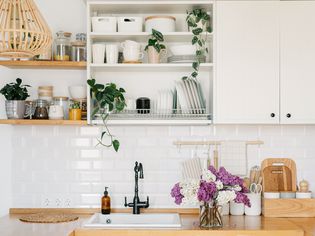 open shelving in kitchen with canisters