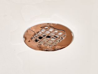 Water surrounding shower drain closeup