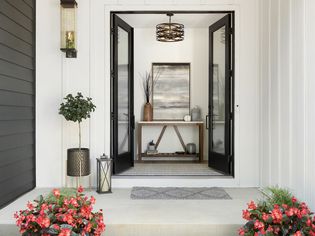 Black and white exterior with potted plants