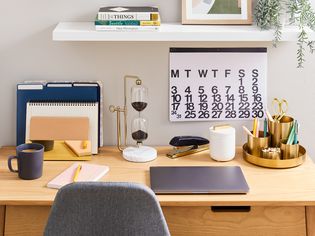 Front, close up shot of a desk in a modern office