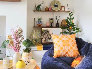 colorful living room with collectables on display