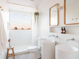 Small remodeled bathroom all white with hanging plant white mosaic tile and shower window