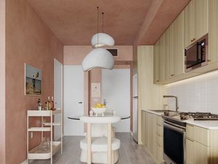 A terracotta limewashed kitchen with modern, curved furnishings