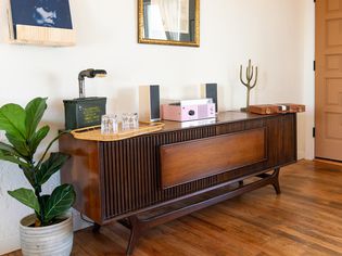 Mid-century modern style cabinet next to fiddle leaf fig plant with decor items on top