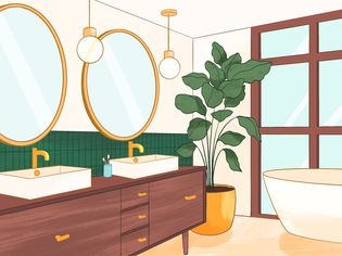 Bathroom illustration with large plant and gold fixtures.