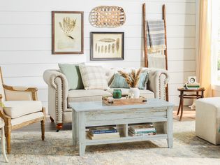 Wide view of a living room interior with shabby chic decor accents