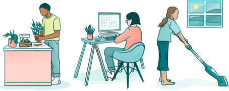 illustration of a man potting a plant, a woman doing research on a computer, and another woman vacuuming